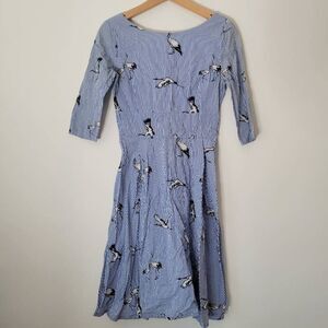 Chicanary Blue Striped Bird Print Fit & Flare Dress Size S Cranes